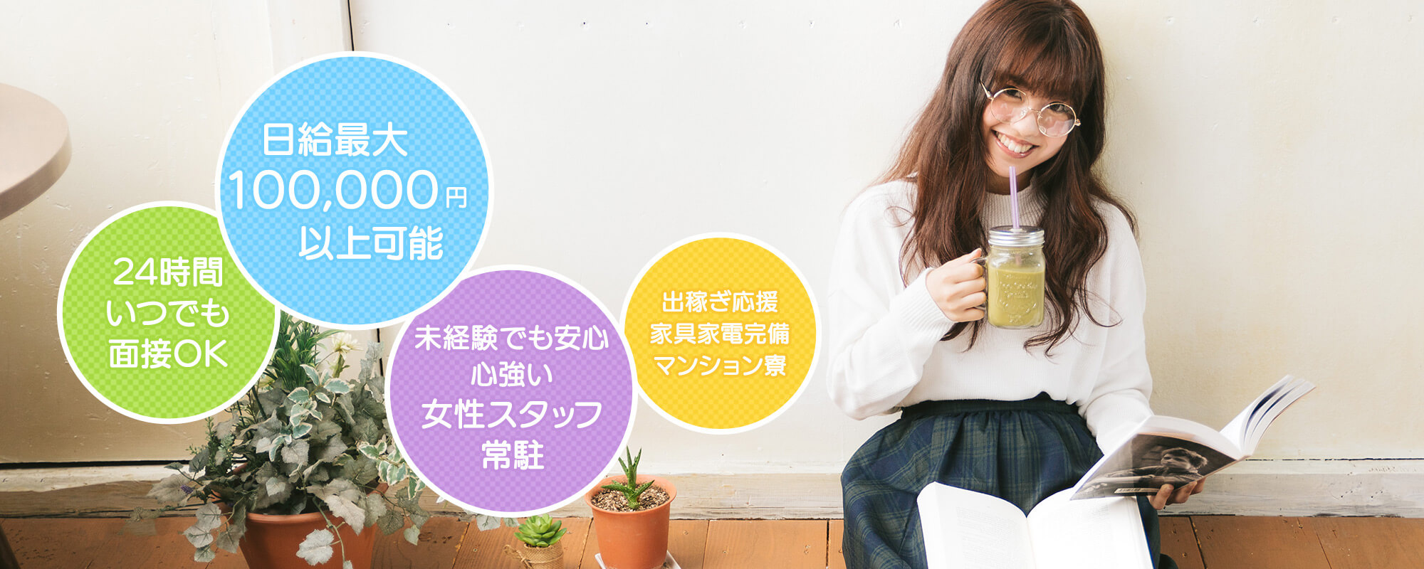 24時間いつでもOK。日給最大100,000円以上。未経験でも安心。女性スタッフ常駐。出稼ぎ応援。家具家電完備のマンション寮。
